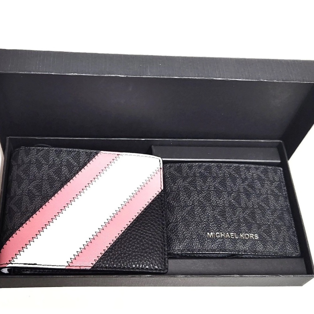 Michael Kors Black and Pink Key & Card Holder Set